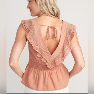 Flutter-Sleeve Crochet Lace Tie-Back Top